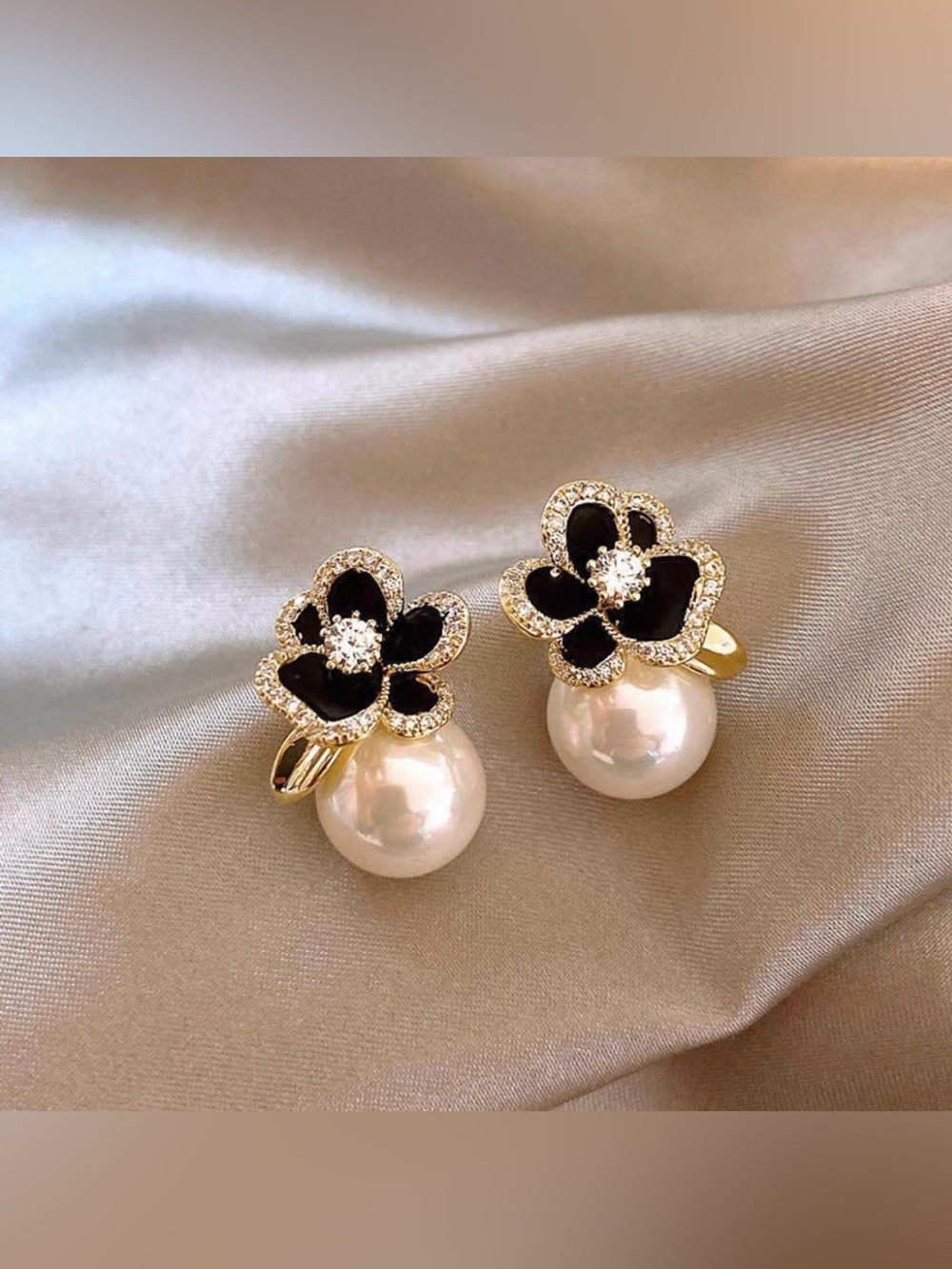 Gold Pearl Drop Flower Clip-On Earrings in Black & White